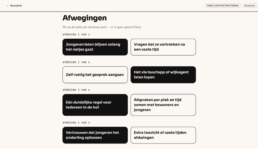 Scenario Builder: scherm Afwegingen met vier paren keuzes.