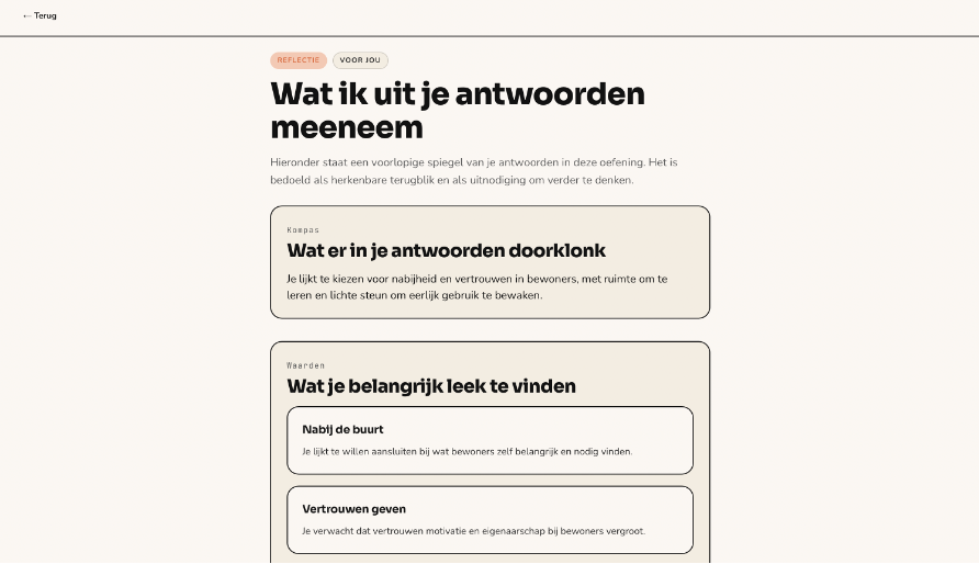 Informele laag: toegankelijke terugkoppeling na de scenario-oefening.