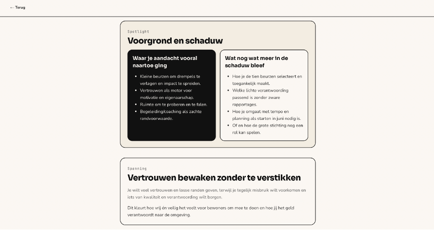 Informele laag: spotlight en spanning als leesbare terugkoppeling op basis van projectdata.