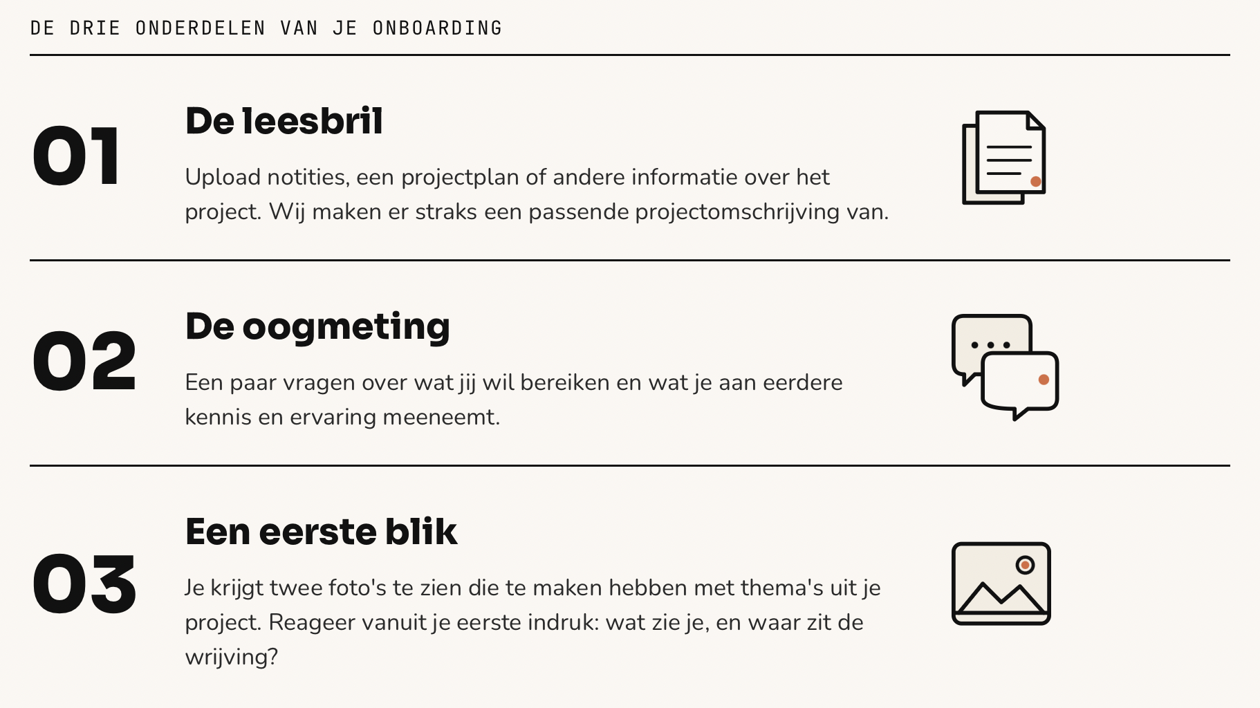 Onboarding: overzicht van de drie stappen — leesbril, oogmeting en eerste blik.